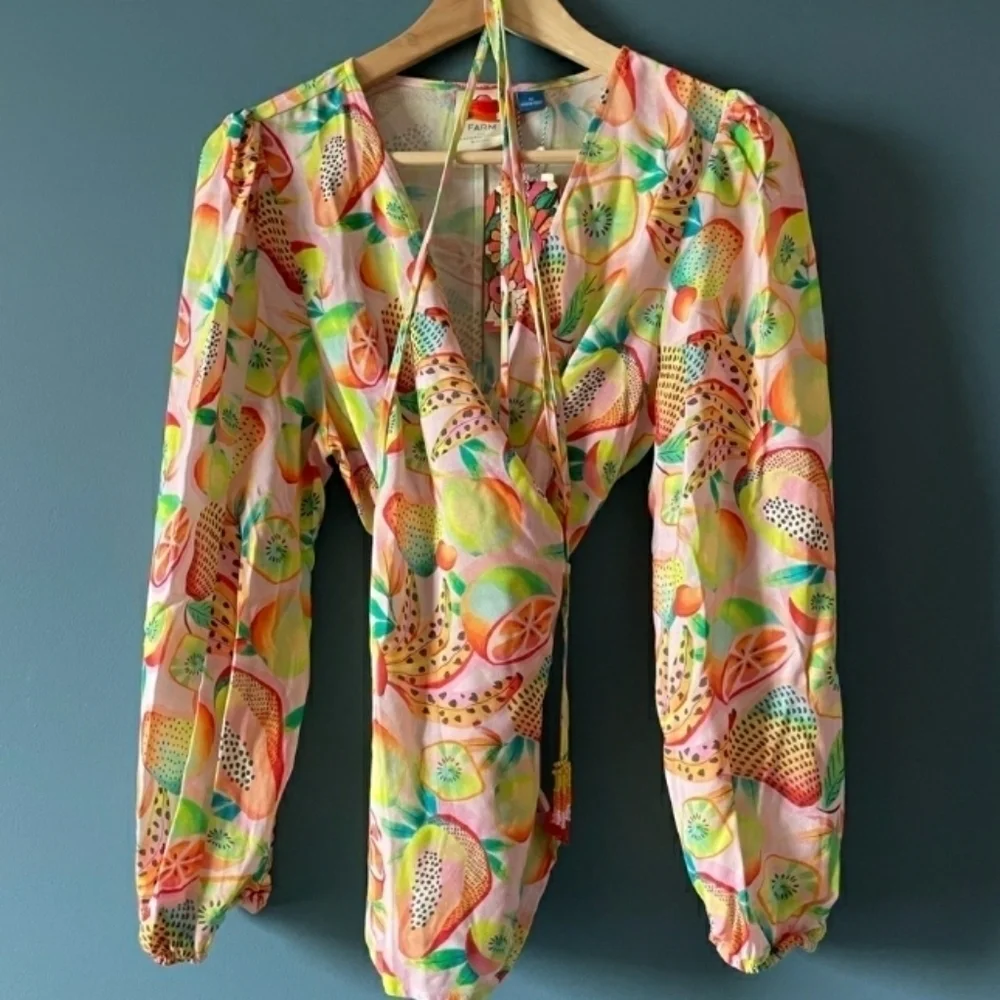 Anthropologie Farm Rio Tropical Fruit Print Beaded Wrap Top Small - Picture 3 of 14